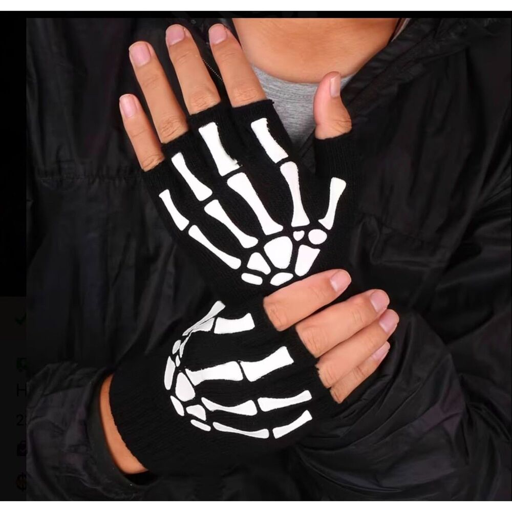 Punk Skeleton Glow in Dark Fingerless Gloves Alternative Emo Streetwear